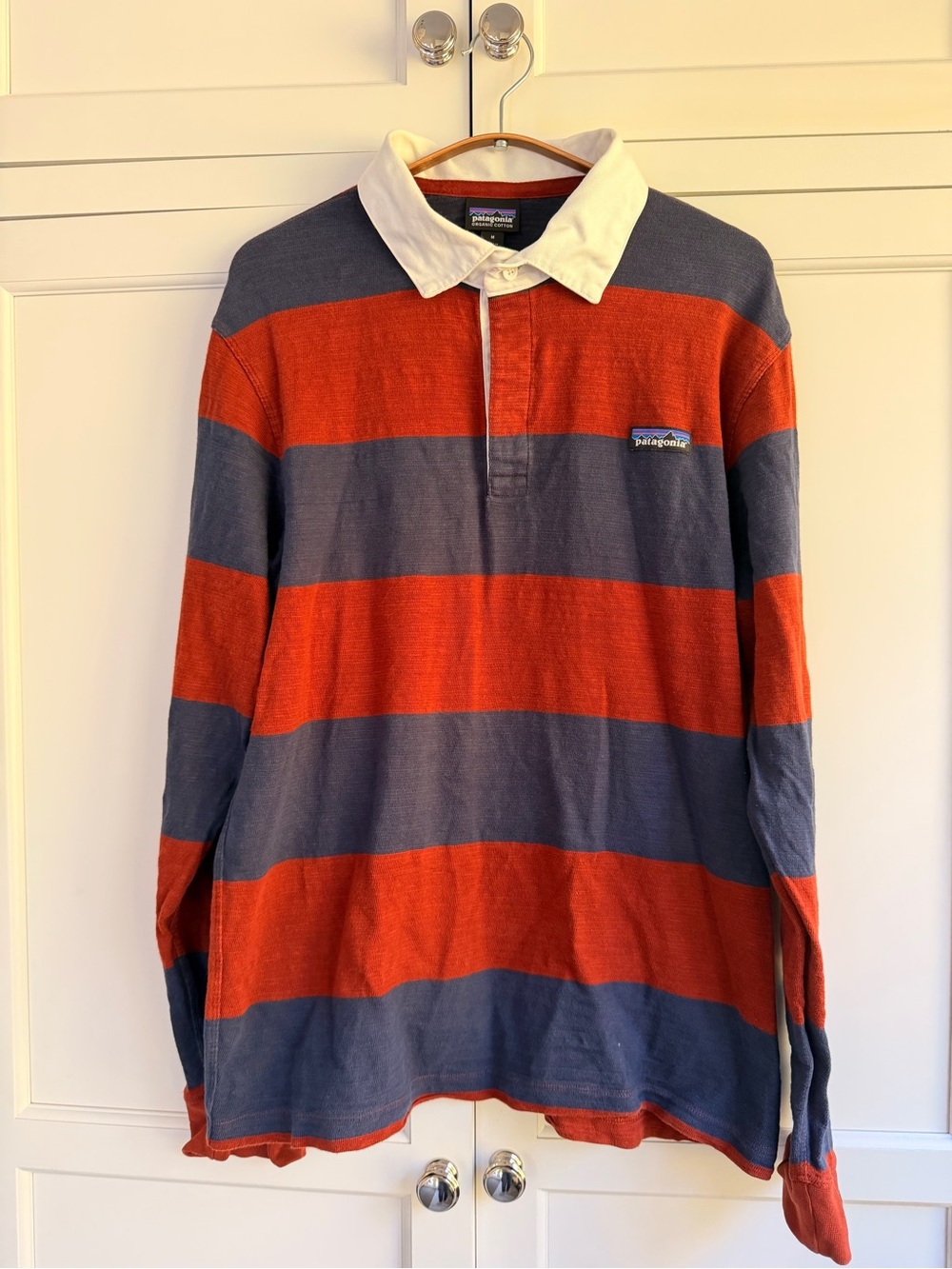 Patagonia Long-Sleeve Rugby Shirt in Red and Navy Stripes